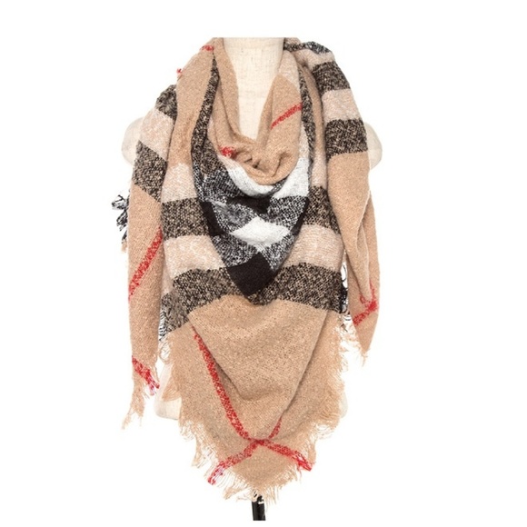 Brown & Red Plaid Fringe Fall Blanket Scarf Ruana - Picture 2 of 3